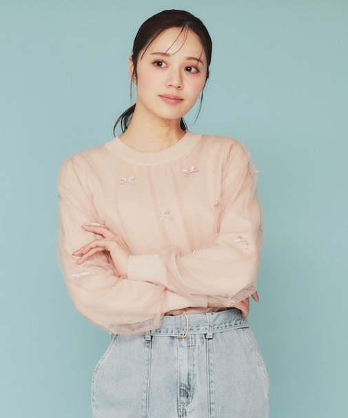 チュールレイヤードリボントップス【洗濯機洗い可】