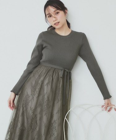 チュールレーススカートドッキングワンピース【洗濯機洗い可】