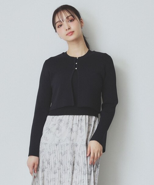 《ツインセット》カーディガン×ニットドッキングワンピース【洗濯機洗い可】