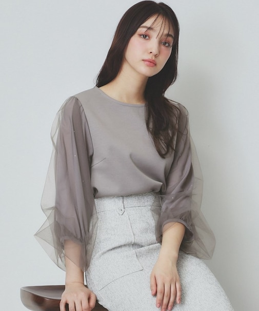 ビジュー付きチュールバルーンスリーブトップス【洗濯機洗い可】