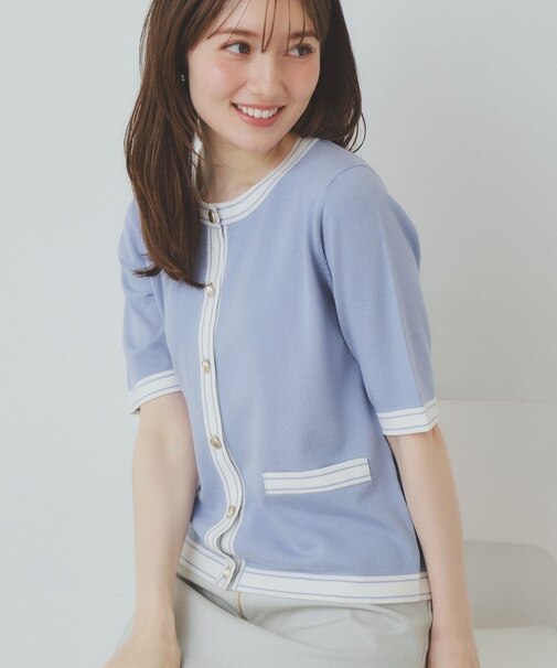 バイカラークルーネックカーディガン/オーガニックコットン混【UV/洗濯機洗い可】