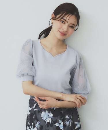 チュールレーススリーブニット【洗濯機洗い可】