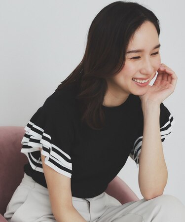 ボーダーフリルスリーブニット【洗濯機洗い可】