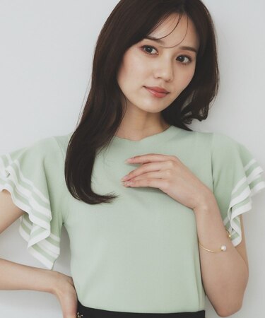 ボーダーフリルスリーブニット【洗濯機洗い可】