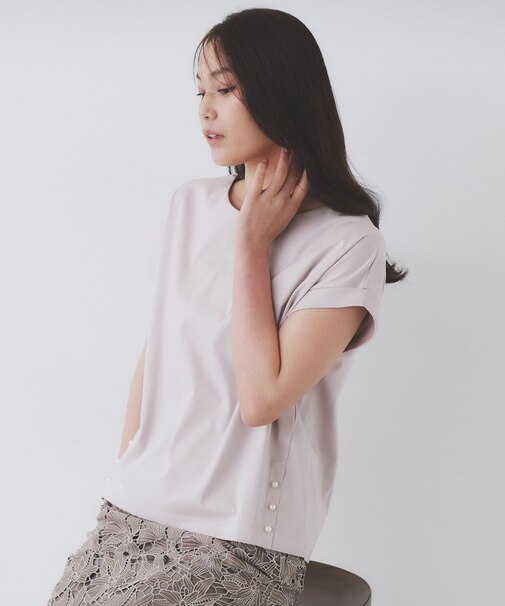 《S-3Lサイズ》サイドパール調ボタンボクシートップス【洗濯機洗い可/UVケア/接触冷感】