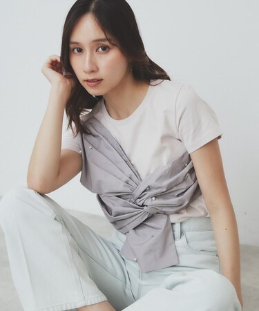 パール調アシメドッキングTシャツ【洗える/接触冷感】