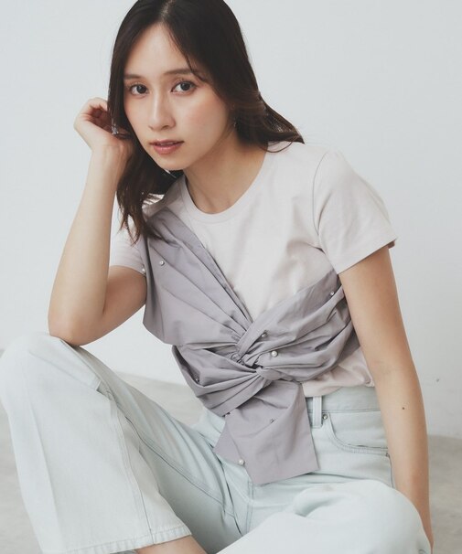 パール調アシメドッキングTシャツ【洗える/接触冷感】