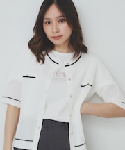 バイカラー半袖カーディガン【洗える/抗ピル】