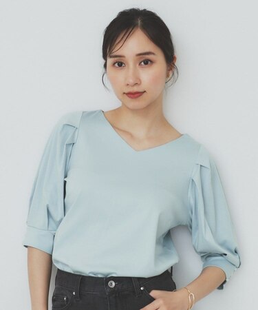 《5色展開》Vネックタックパフスリーブトップス【洗濯機洗い可/UVケア/接触冷感】