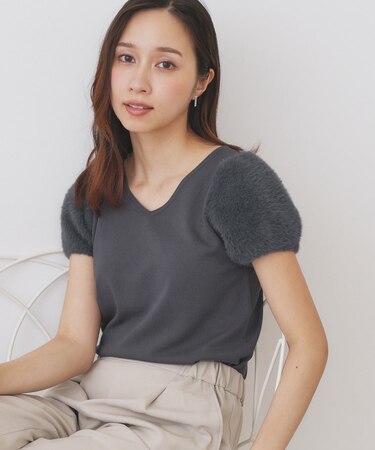 《6色展開》フェザーパフスリーブVネックニット【洗濯機洗い可】