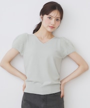 《6色展開》フェザーパフスリーブVネックニット【洗濯機洗い可】