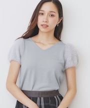 《6色展開》フェザーパフスリーブVネックニット【洗濯機洗い可】