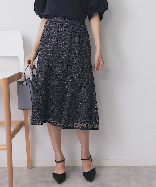 小花刺繍チュールマーメイドスカート【洗濯機洗い可/抗ピル】