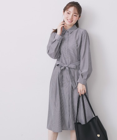 ラメストライプシャツワンピース【洗濯機OK/イージーアイロン】