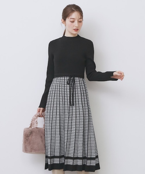 千鳥チェックバイカラーニットワンピース【洗濯機OK/抗ピル