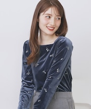 バックシャン小花刺繍ベロアトップス【洗濯機OK】
