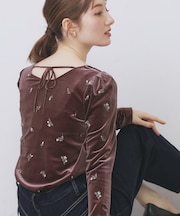 バックシャン小花刺繍ベロアトップス【洗濯機OK】