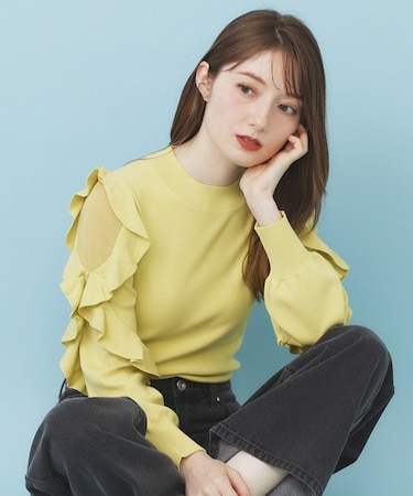 ハイネックシアーフリルスリーブニット【洗濯機OK/抗ピル】