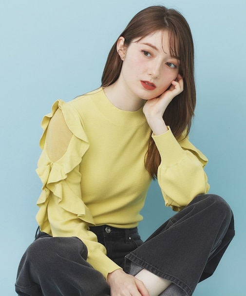 ハイネックシアーフリルスリーブニット【洗濯機OK/抗ピル】