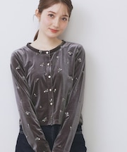 小花刺繍ベロアショートカーディガン【洗濯機可】
