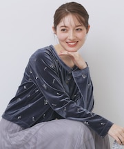 小花刺繍ベロアショートカーディガン【洗濯機可】