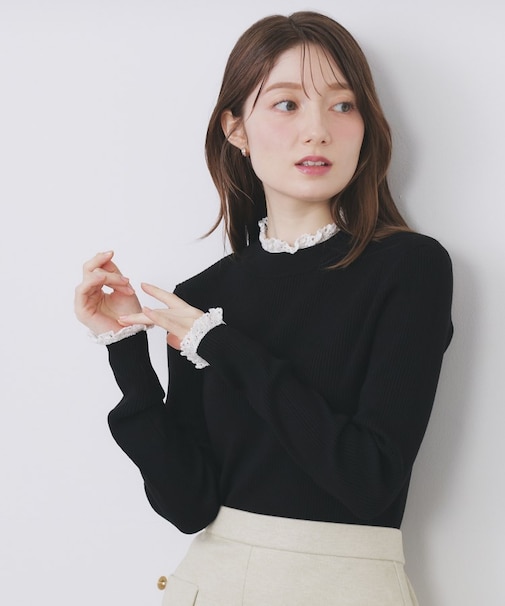 コットンレースフリルリブニット【洗濯機OK/抗ピル】