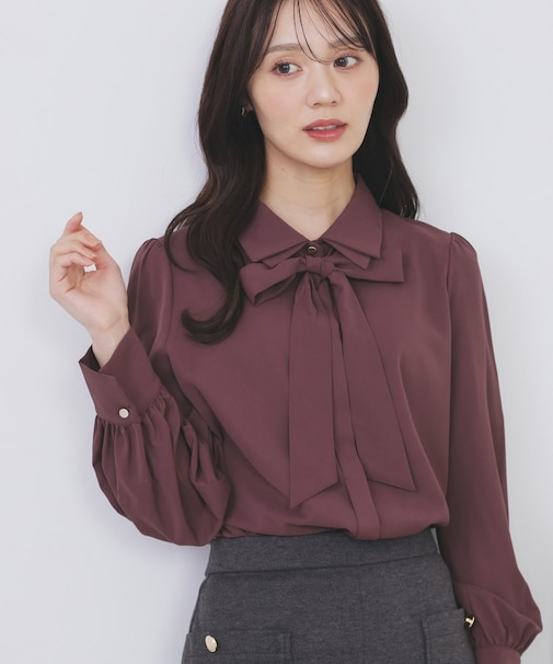 2枚衿ボウタイブラウス【洗濯機OK/防シワ/イージーアイロン】