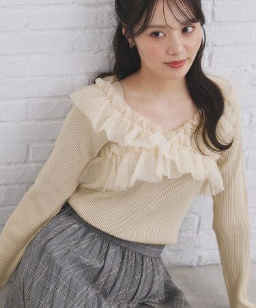 クロスチュールフリルリブニット【洗濯機OK/抗ピル】