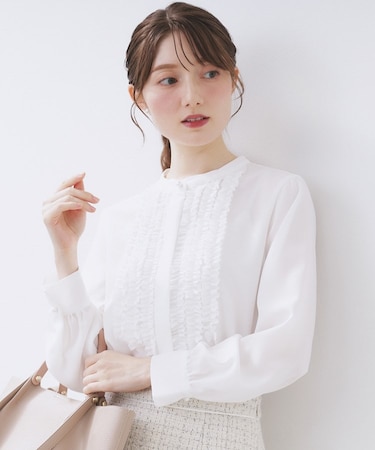 バンドカラーフリルブラウス【洗濯機OK/防シワ】