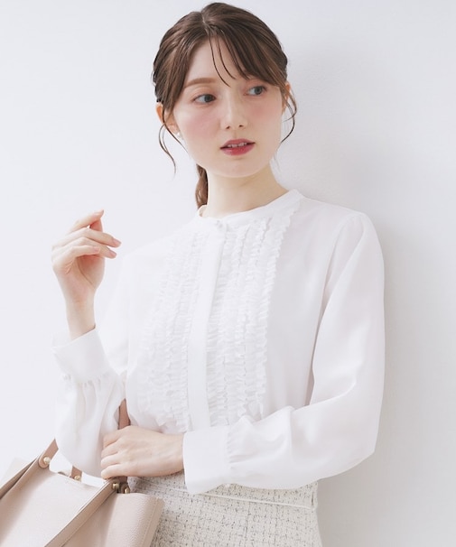 バンドカラーフリルブラウス【洗濯機OK/防シワ】