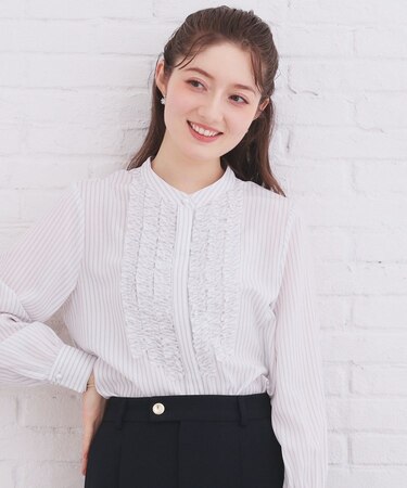 バンドカラーフリルブラウス【洗濯機OK/イージーアイロン】