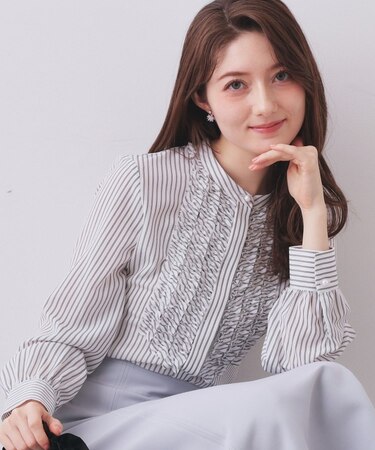 バンドカラーフリルブラウス【洗濯機OK/イージーアイロン】