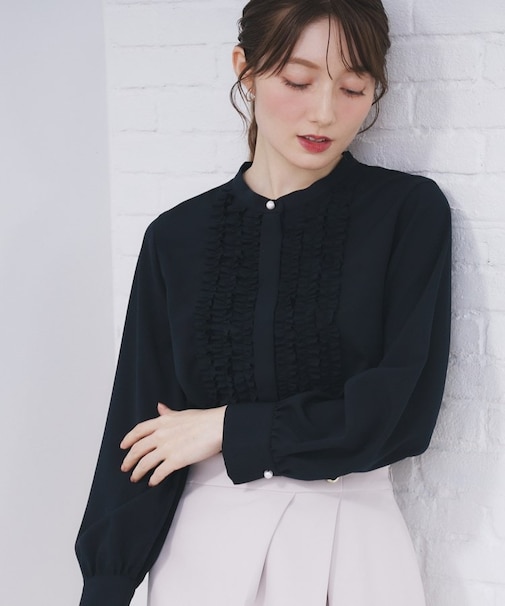 バンドカラーフリルブラウス【洗濯機OK/防シワ】