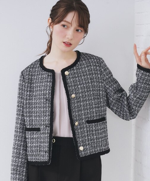 ファンシーツイードノーカラージャケット【洗える】