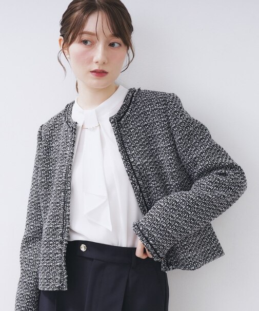 ≪通勤・セレモニー/セットアップ対応≫ノーカラーツイードジャケット【洗濯機OK】