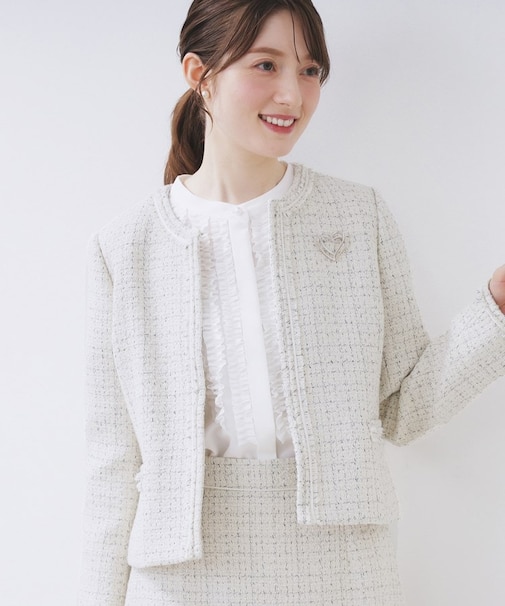 ≪通勤・セレモニー/セットアップ対応≫ノーカラーツイードジャケット【洗濯機OK】