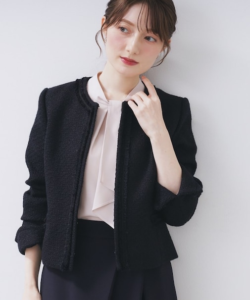 ≪通勤・セレモニー/セットアップ対応≫ノーカラーツイードジャケット【洗濯機OK】