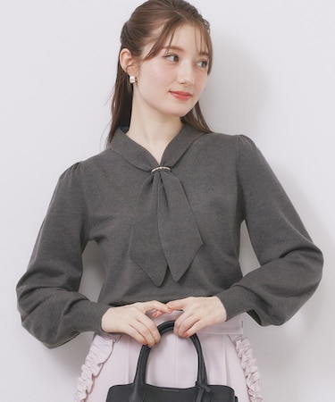 ゴールドパーツ付きボウタイニット【洗濯機OK】《10col/XS～LL》