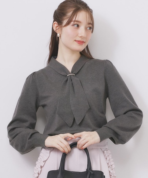 ゴールドパーツ付きボウタイニット【洗濯機OK】《10col/XS～LL》