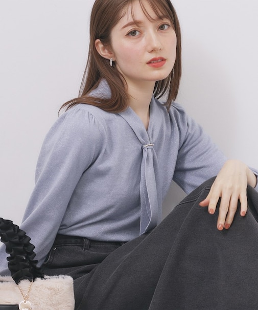 ゴールドパーツ付きボウタイニット【洗濯機OK】《10col/XS～LL》