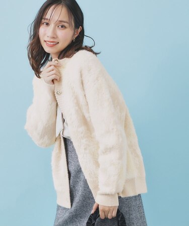 フェザー幾何ジャカードクルーミドルカーディガン【洗濯機OK】