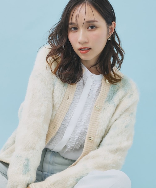 フェザー幾何ジャカードクルーミドルカーディガン【洗濯機OK】