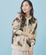 フェザー幾何ジャカードクルーミドルカーディガン【洗濯機OK】