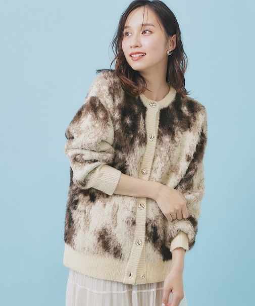 フェザー幾何ジャカードクルーミドルカーディガン【洗濯機OK】