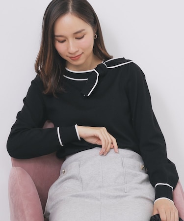 サイドリボンバイカラーニット【洗濯機OK】