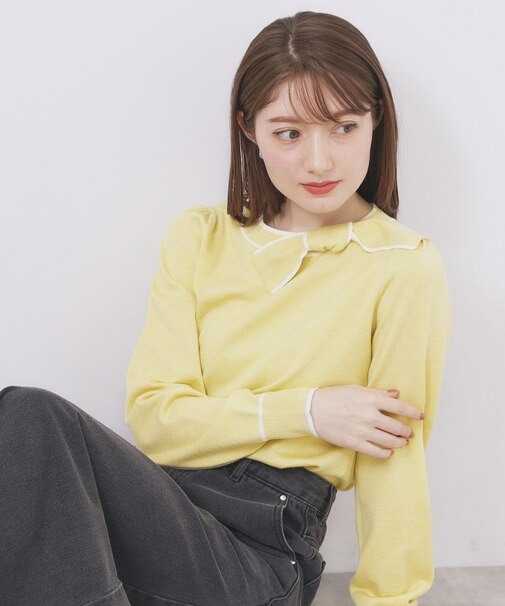 サイドリボンバイカラーニット【洗濯機OK】