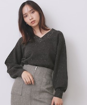 片畦Vネックボクシーパフニット【洗濯機OK】