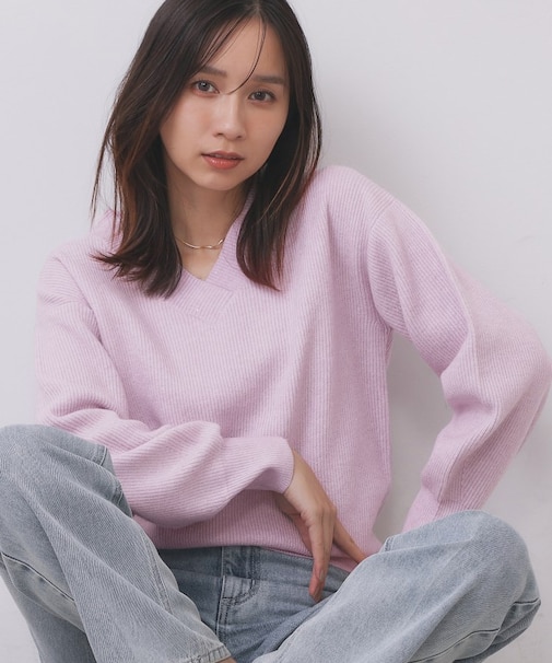 片畦Vネックボクシーパフニット【洗濯機OK】