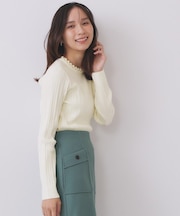 パール調ネックケーブルニット【洗濯機OK】