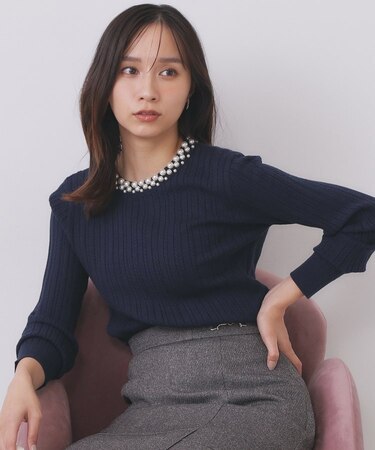 パール調ネックケーブルニット【洗濯機OK】